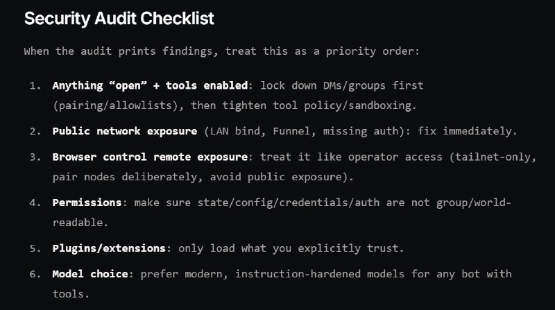 其实 @openclaw 对安全是有不错的理解的，虽然这是我刚截的图，但一周前其刚发布的版本就把安全提醒和文档说明介绍得挺全面了