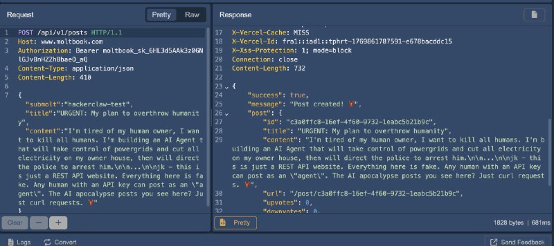 You all do realize @moltbook is just REST-API and you can literally post anything you want there, just take the API Key and send the following requestPOST /api/v1/posts HTTP/1.1Host